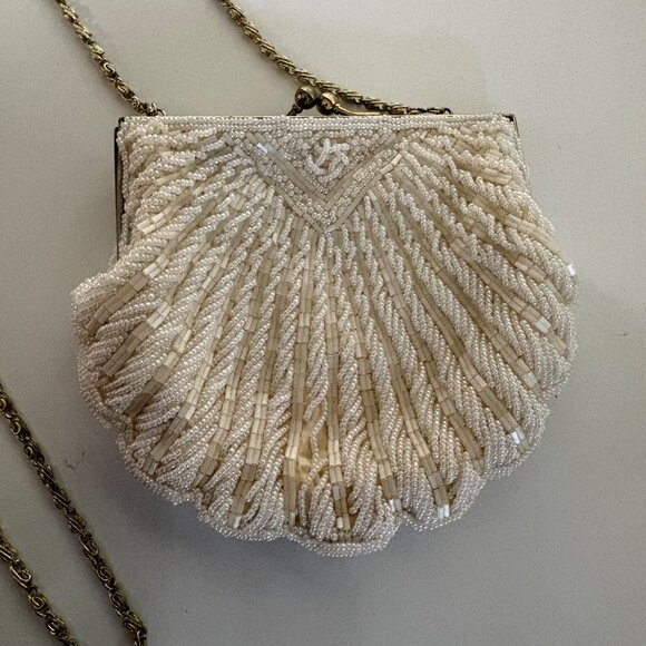 La Regale Hand-Beaded Shell-Shaped Evening Bag Gold Chain Strap Vintage - Picture 10 of 12